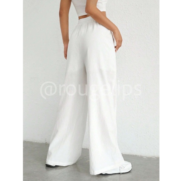 White 100% Cotton Elastic Waist Wide Pants with Drawstring Ties Pockets Long - Picture 4 of 10